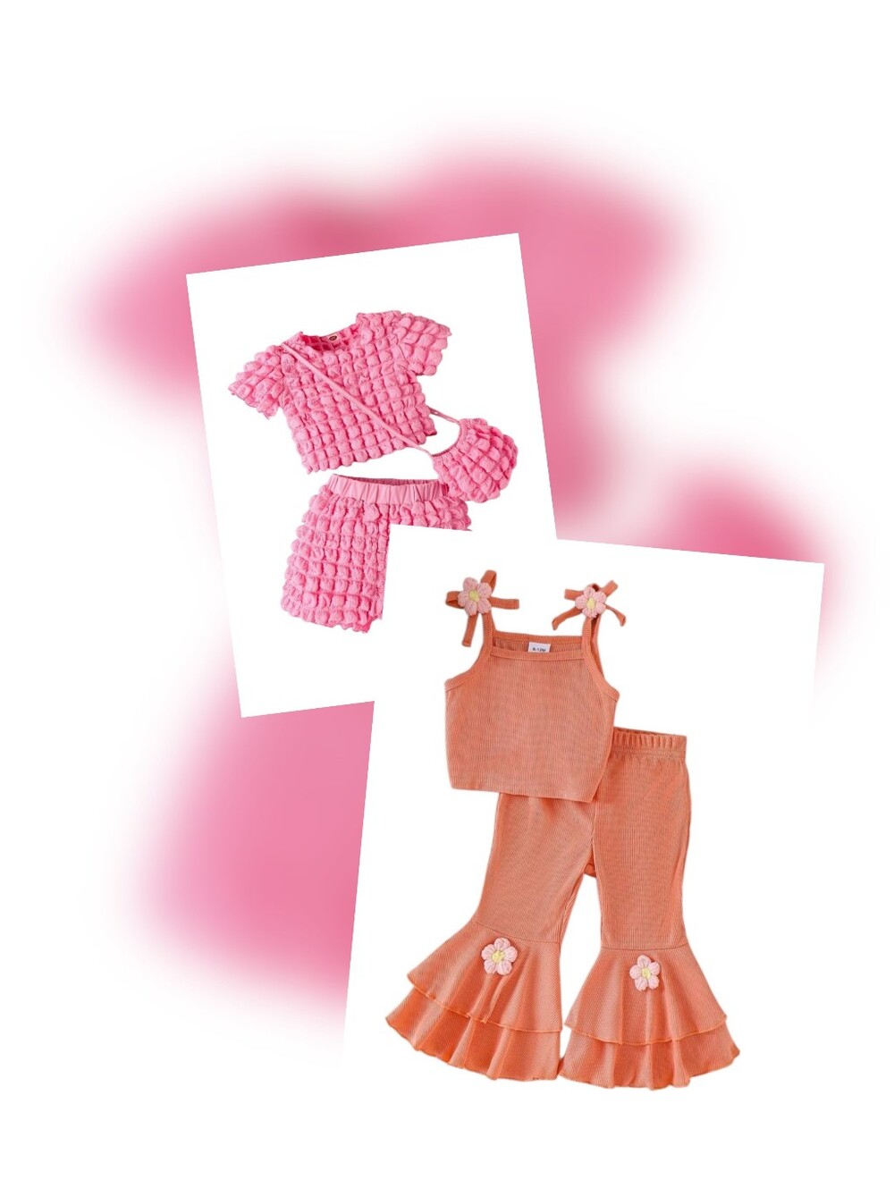 Girls Pink Popcorn Knit Set & Coral Ruffle Two-Piece Outfit